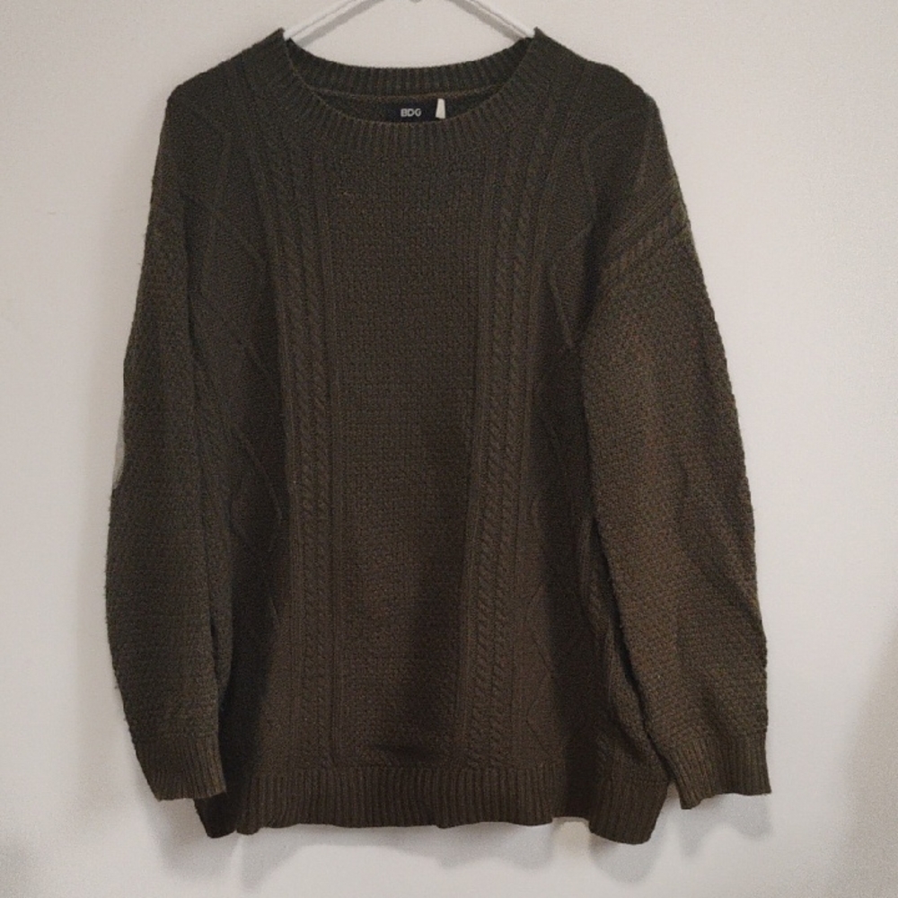 BDG | Olive Green Oversized Knit Sweater Ft Elbow Patches | Women's XS